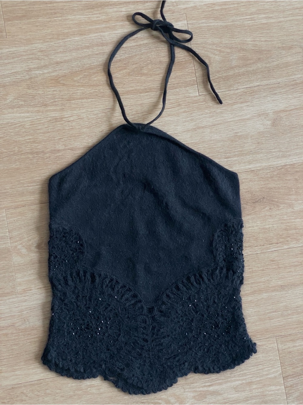 Women’s Black Cashmere Halter Crochet-Trim Camisole Top